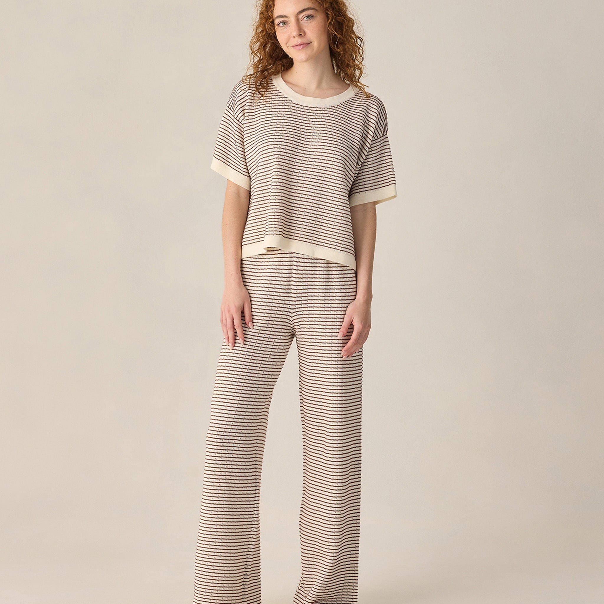 womens knit pants 100% cotton brown and white stripe by Rylee & Cru