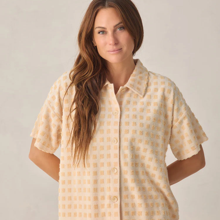 close up of lady wearing Women's Terry Cover Up Set Butterscotch Grid by Rylee & Cru