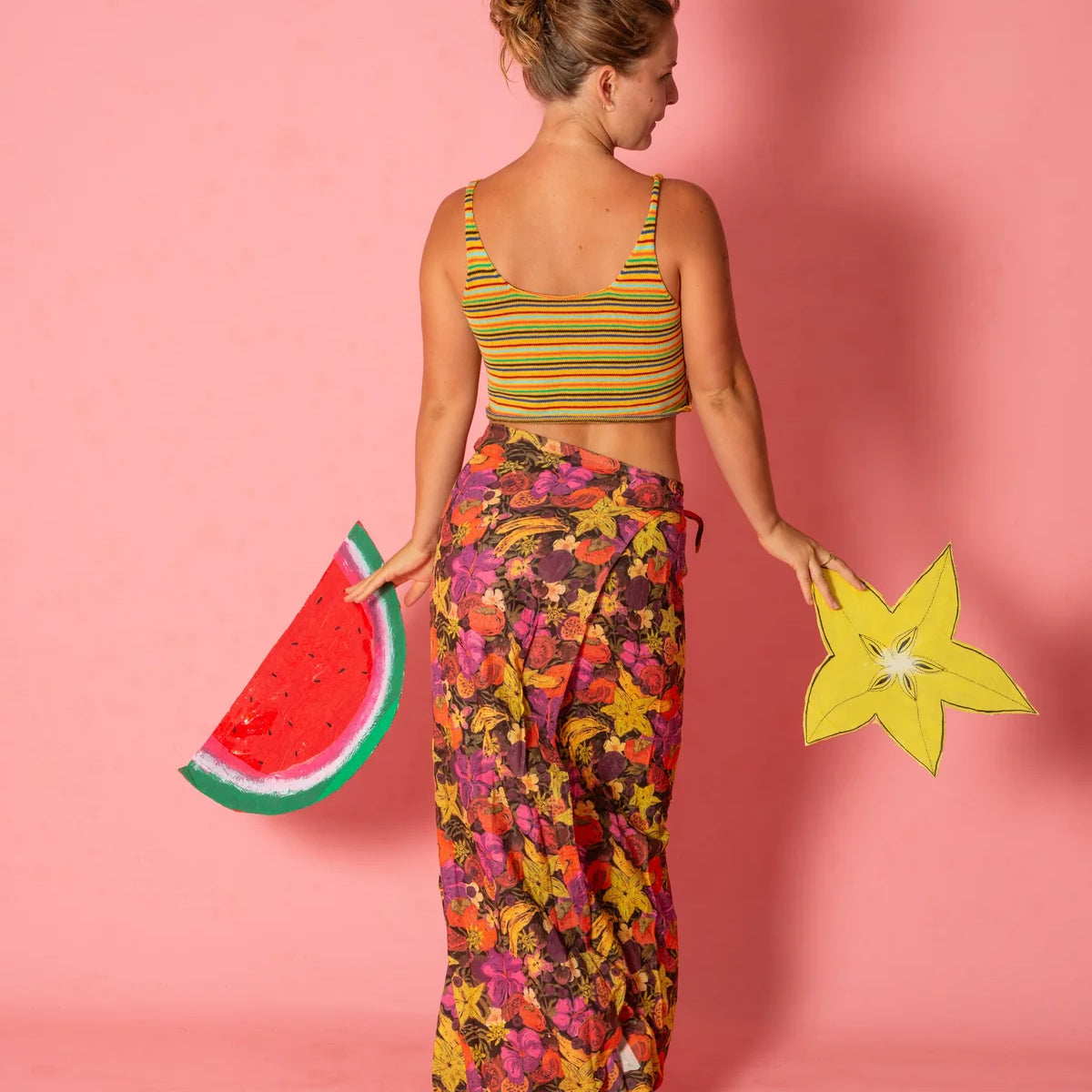 back view of Wrap skirt in fruity by Atmosea