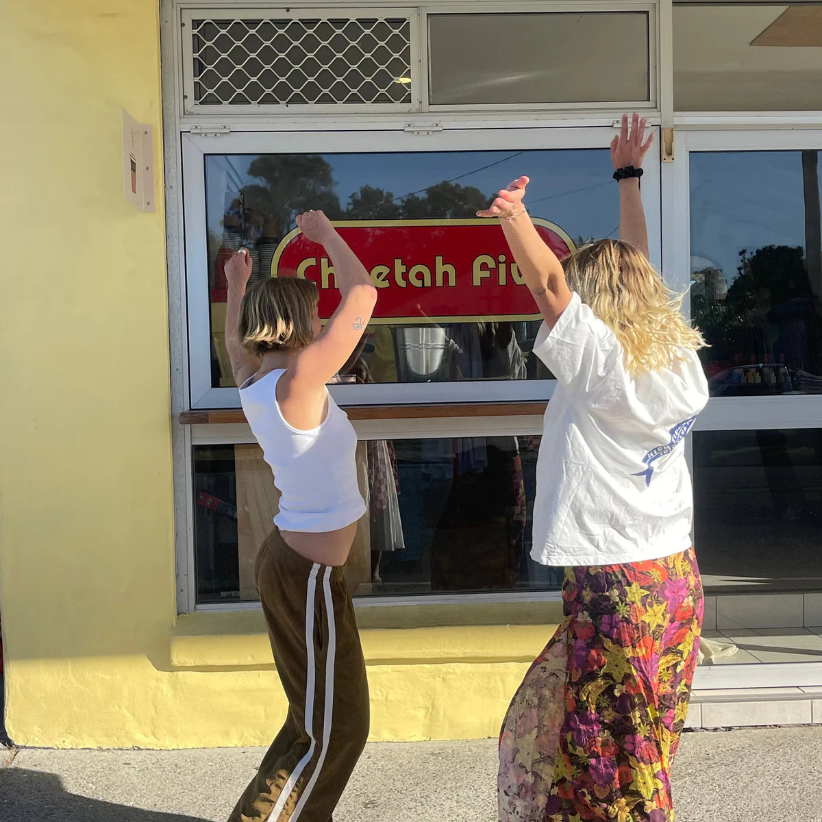 Wrap skirt in fruity by Atmosea and terry pants in army green