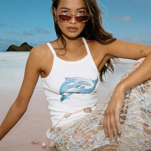 model wearing Yin Yang Dolphin Singlet by Sea Street