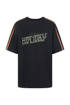 Front view of black AOH Raglan Tee showing Holiday text graphic and raglan sleeves with orange stripes