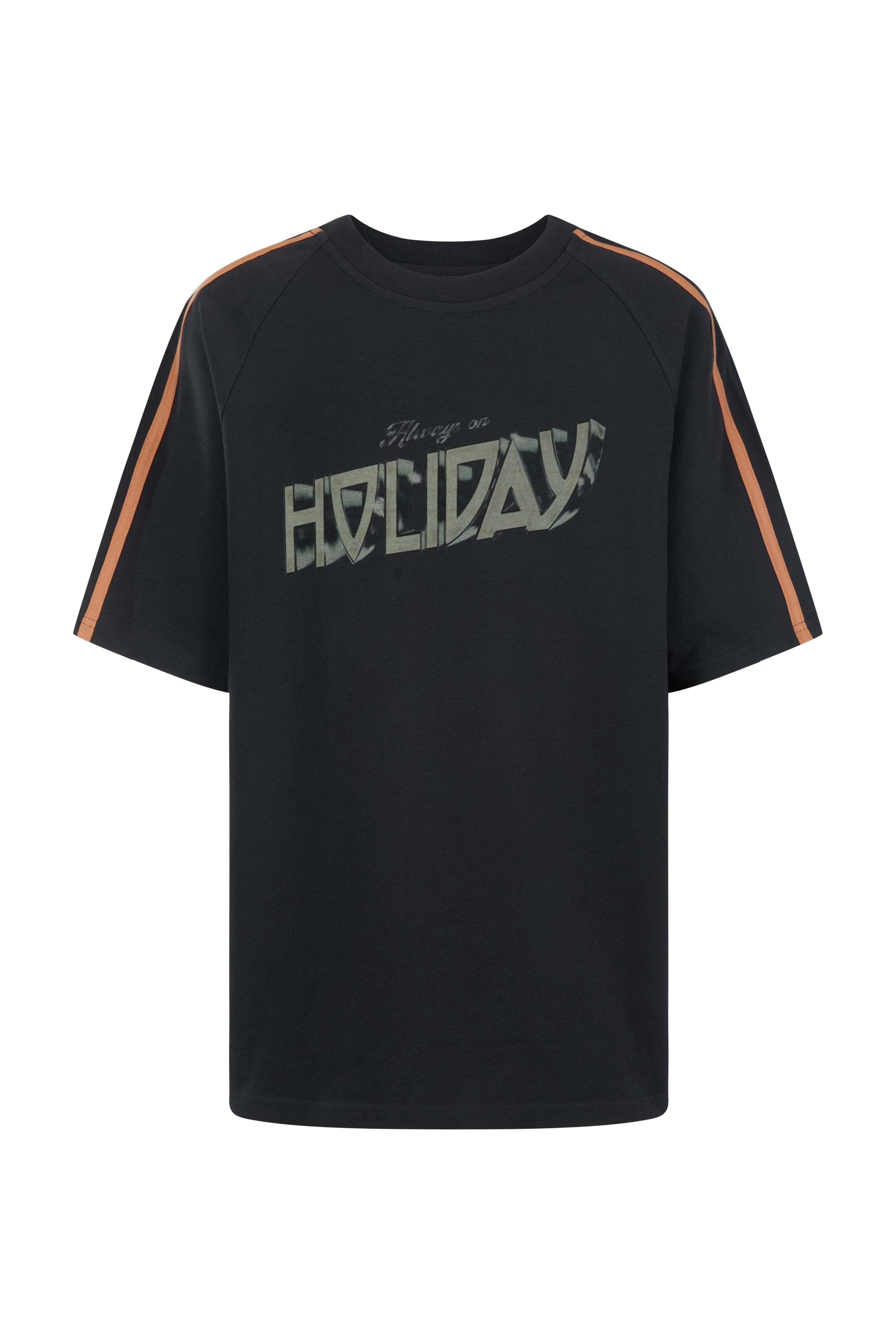 Front view of black AOH Raglan Tee showing Holiday text graphic and raglan sleeves with orange stripes