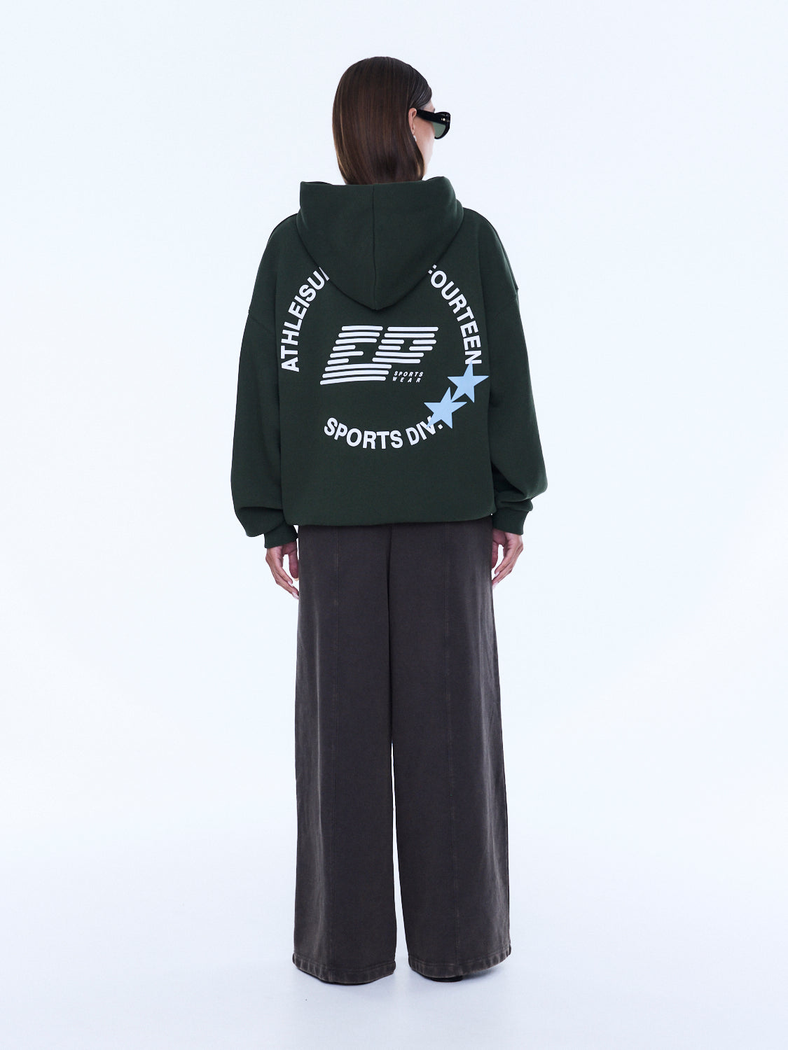 Back view of Aries Hoodie showing large text graphics and star detail