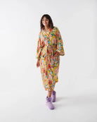 Abundance Marigold Printed Terry Bath Robe by Kip & Co worn by model