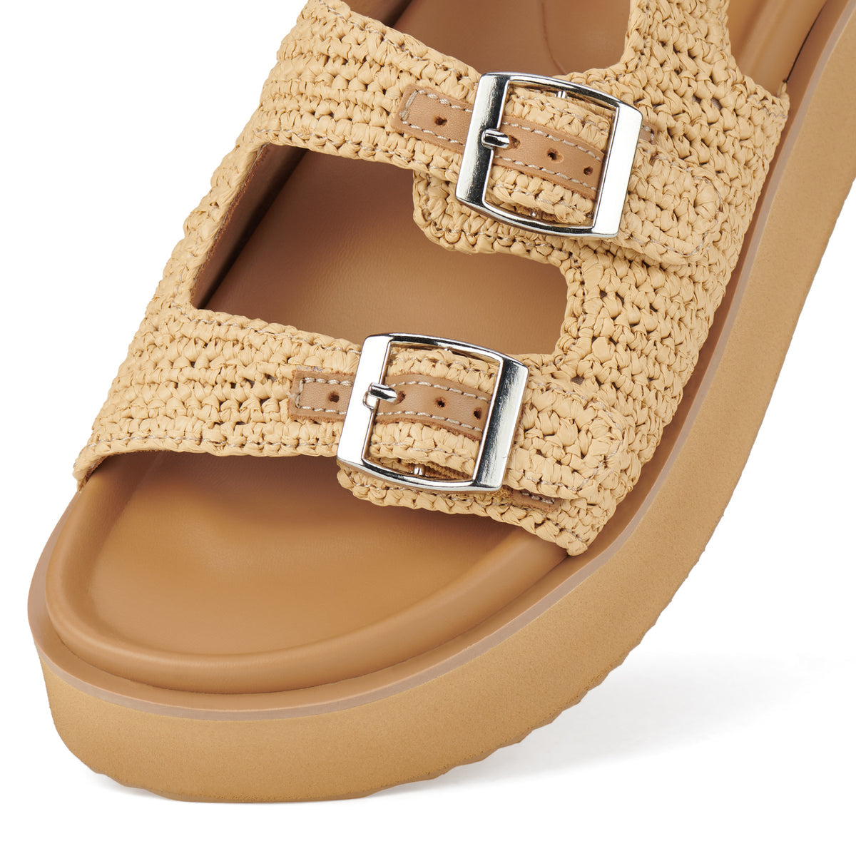 Raffia sandal with metal buckle and platform sole