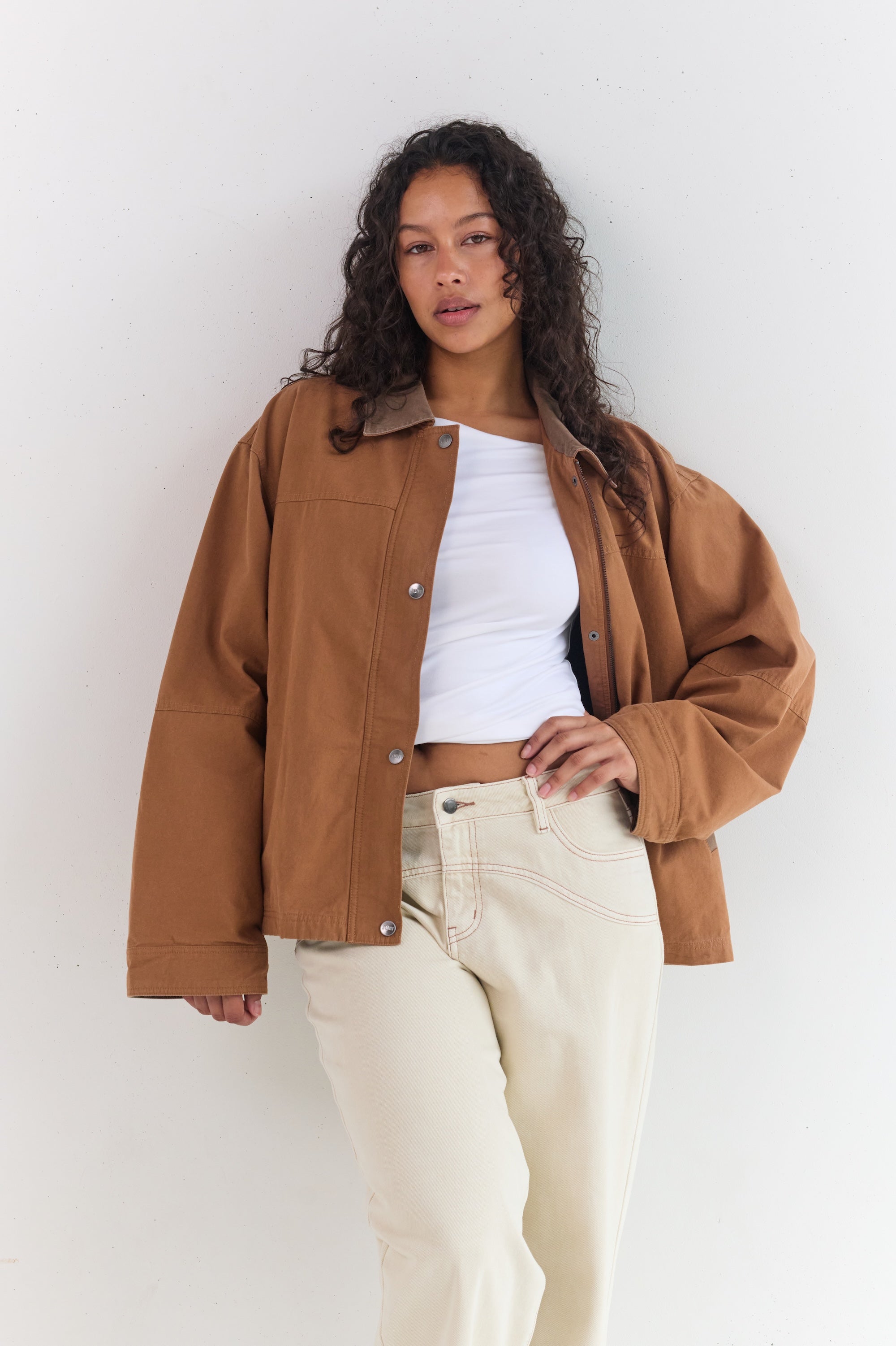 Cotton canvas jacket fully lined functional pockets camel colour by Juni