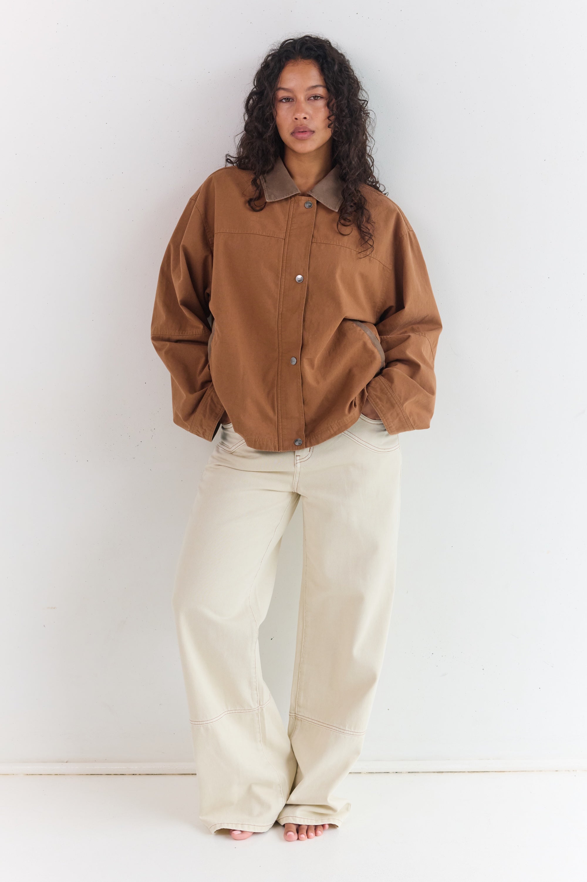 Juni Addison jacket panelling details relaxed fit camel coloured outerwear