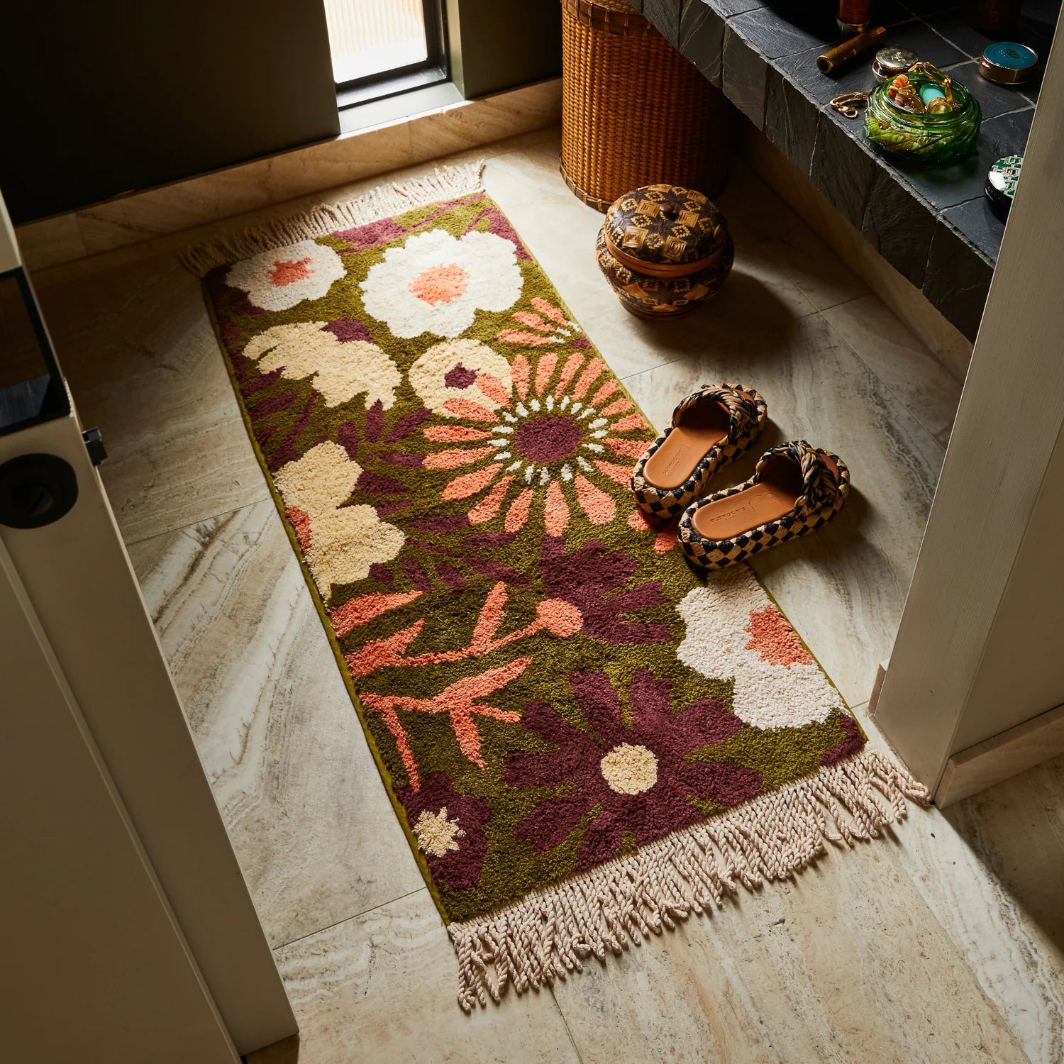 Green, maroon and white bath mat from Sage and Clare