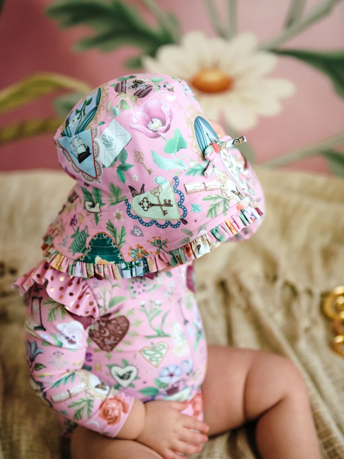'All my Hearts' Delphine Baby One Piece Swimsuit - Pink Love by Fleur Harris - pink baby swimsuit with hearts, flowers, boats and bees