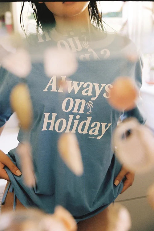 model wearing Always On Holiday T-Shirt by Sea Street