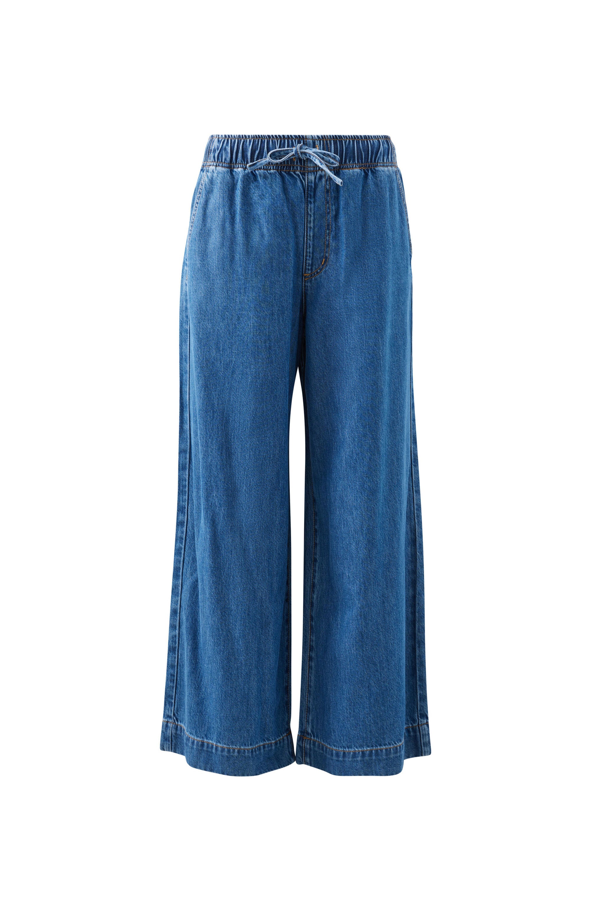 Front view of Andie Wide Leg Drawstring Pant in fresh indigo showing elastic waist and drawstring tie