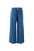 Front view of Andie Wide Leg Drawstring Pant in fresh indigo showing elastic waist and drawstring tie