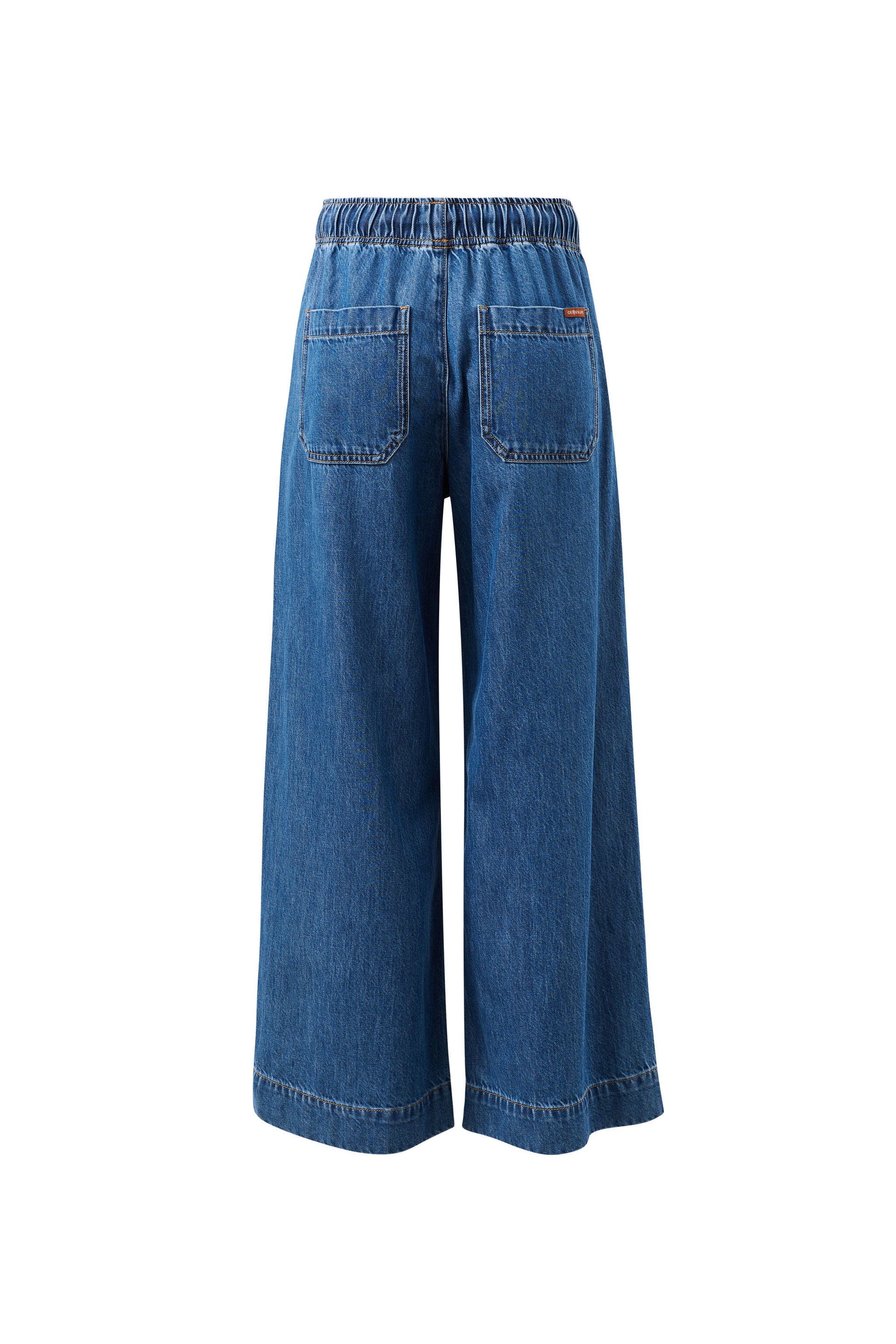 Back view of Andie Wide Leg Drawstring Pant in fresh indigo denim showing patch pockets and wide leg cut