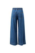 Back view of Andie Wide Leg Drawstring Pant in fresh indigo denim showing patch pockets and wide leg cut