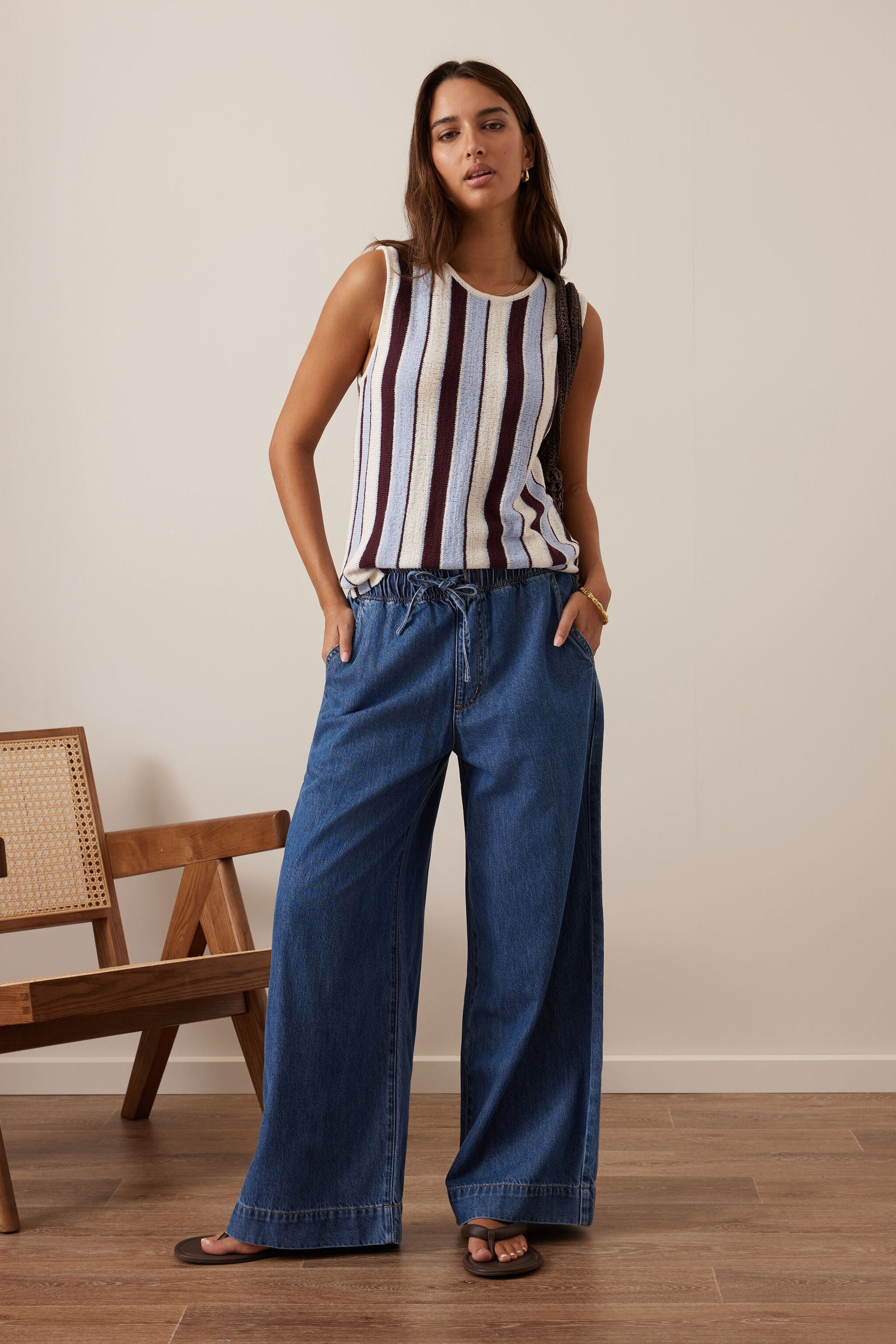 Full body view of Andie Wide Leg Drawstring Pant in fresh indigo denim showing complete relaxed fit styling