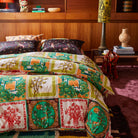 Bedroom styling showing Andrea pillowcase with vintage botanical print duvet on wooden built-in headboard