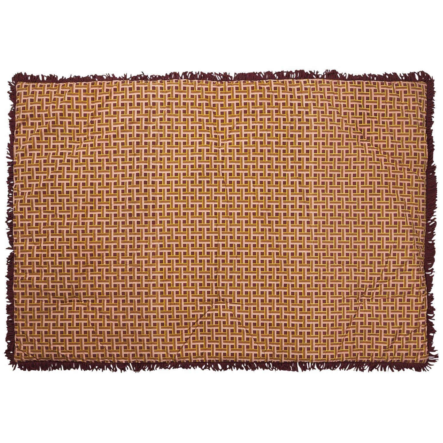 Flat lay view of Aneta Tufted Blanket showing full pink palm leaf pattern with burgundy fringe