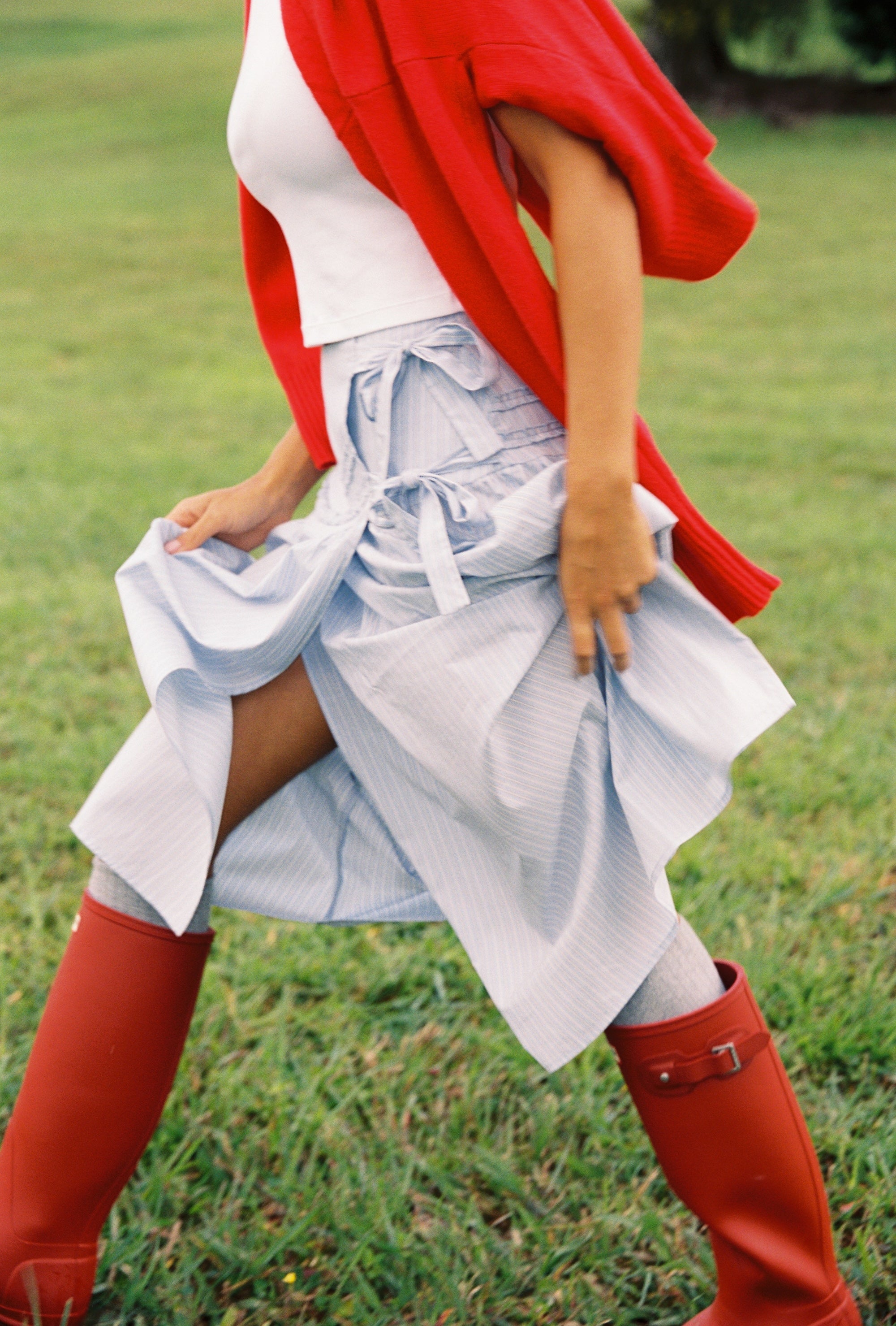 Close-up of Annika Midi Skirt showing wrap tie closure and flowing movement