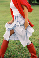 Close-up of Annika Midi Skirt showing wrap tie closure and flowing movement