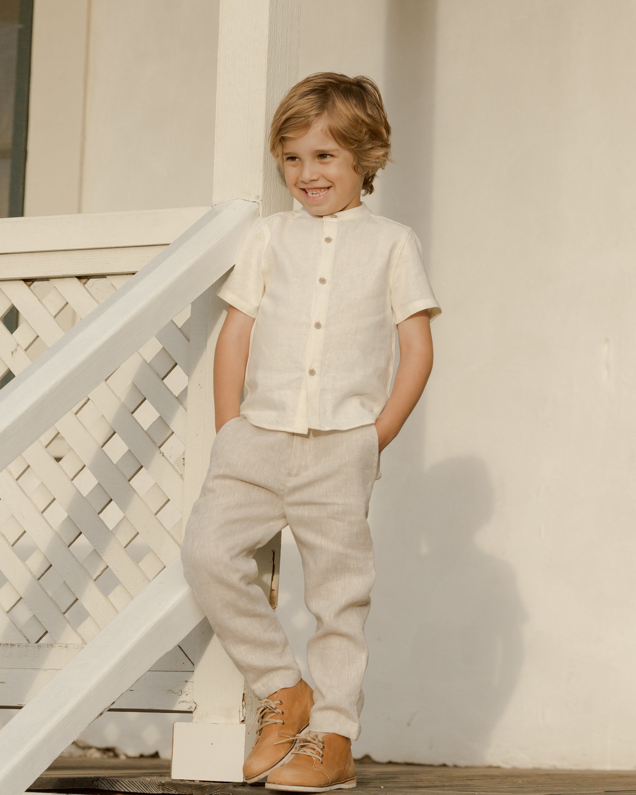 Young boy wearing the Archie Shirt Ivory | Noralee