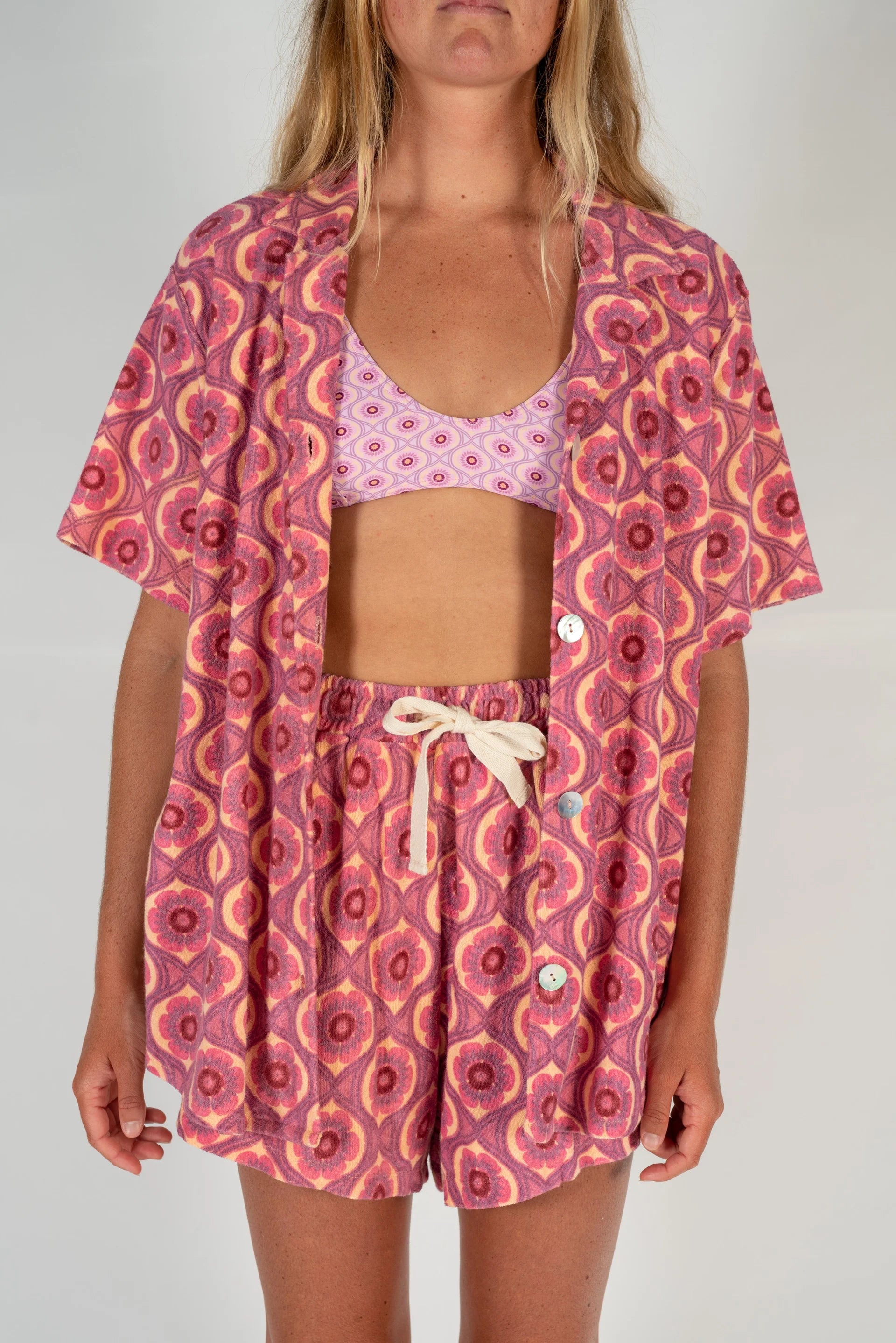 Atmosea Terry towelling shirt and short in retro print