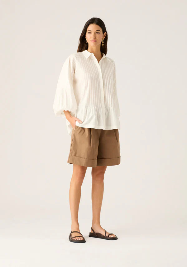 Aurelia white pleated Blouse made from cotton, tencel and linen by MOS The Label