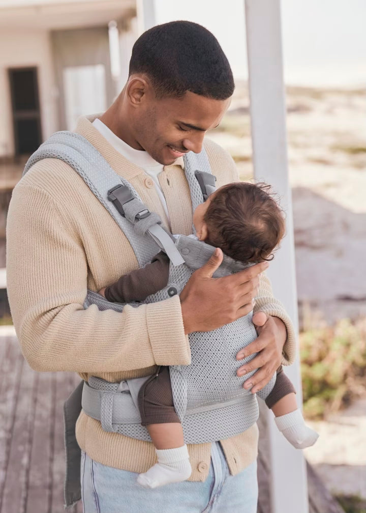 Dad wearing Baby Bjorn Baby Carrier Harmony 3D Mesh Silver