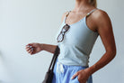 Womens singlet in pale blue cotton with beads on straps