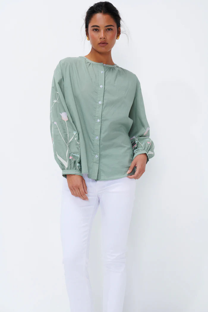 Green blouse with embroidery on sleeves from Kireina