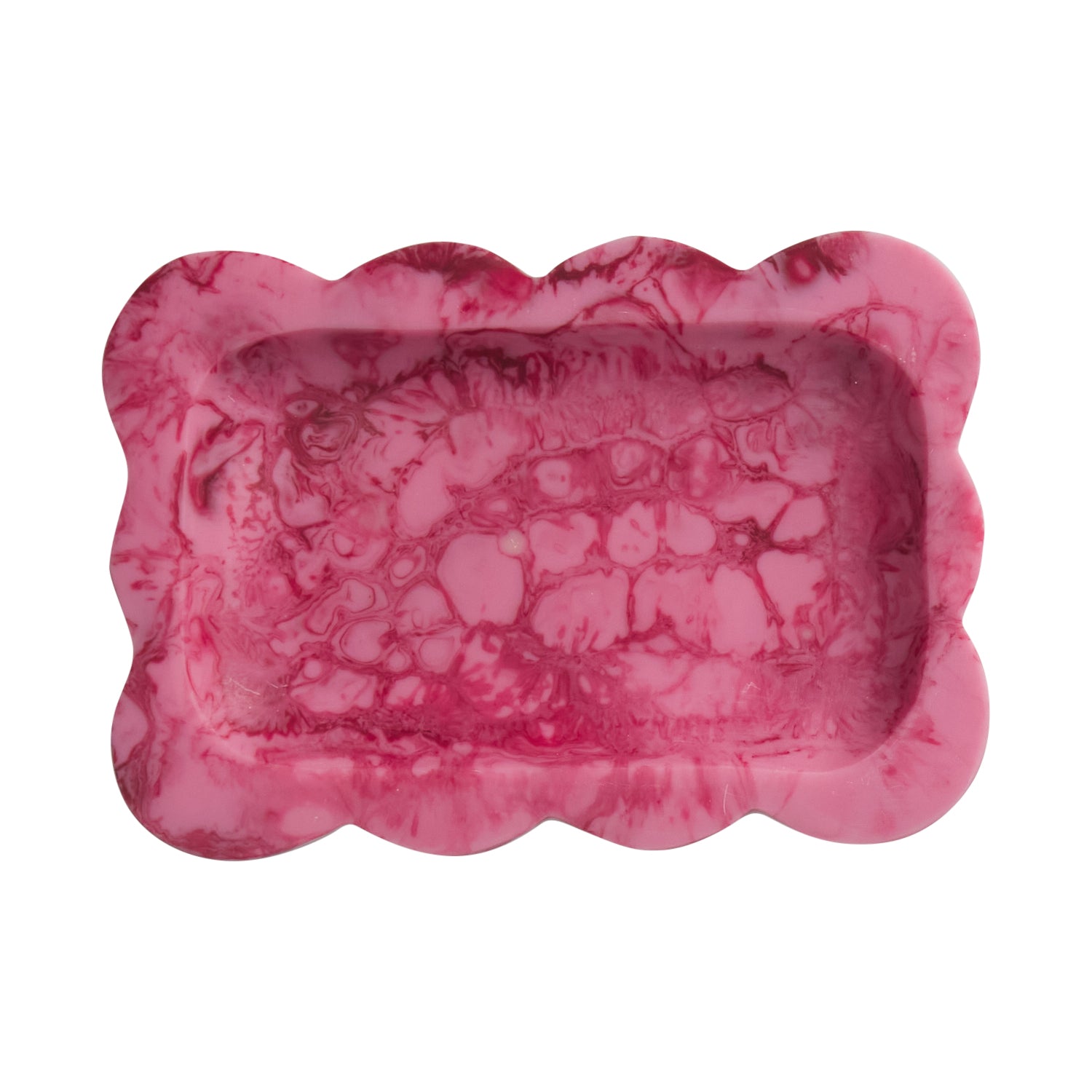 Crimson pink marbled resin small tray with scalloped wavy border, overhead view showing rectangular interior on white