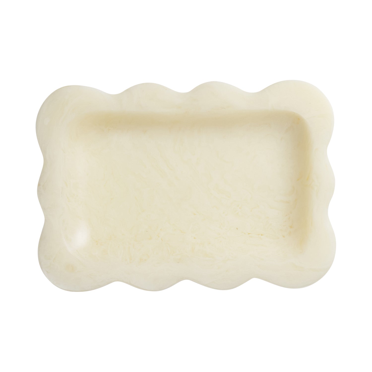 Pearl cream resin small tray with scalloped wavy border, overhead view showing shallow rectangular interior on white