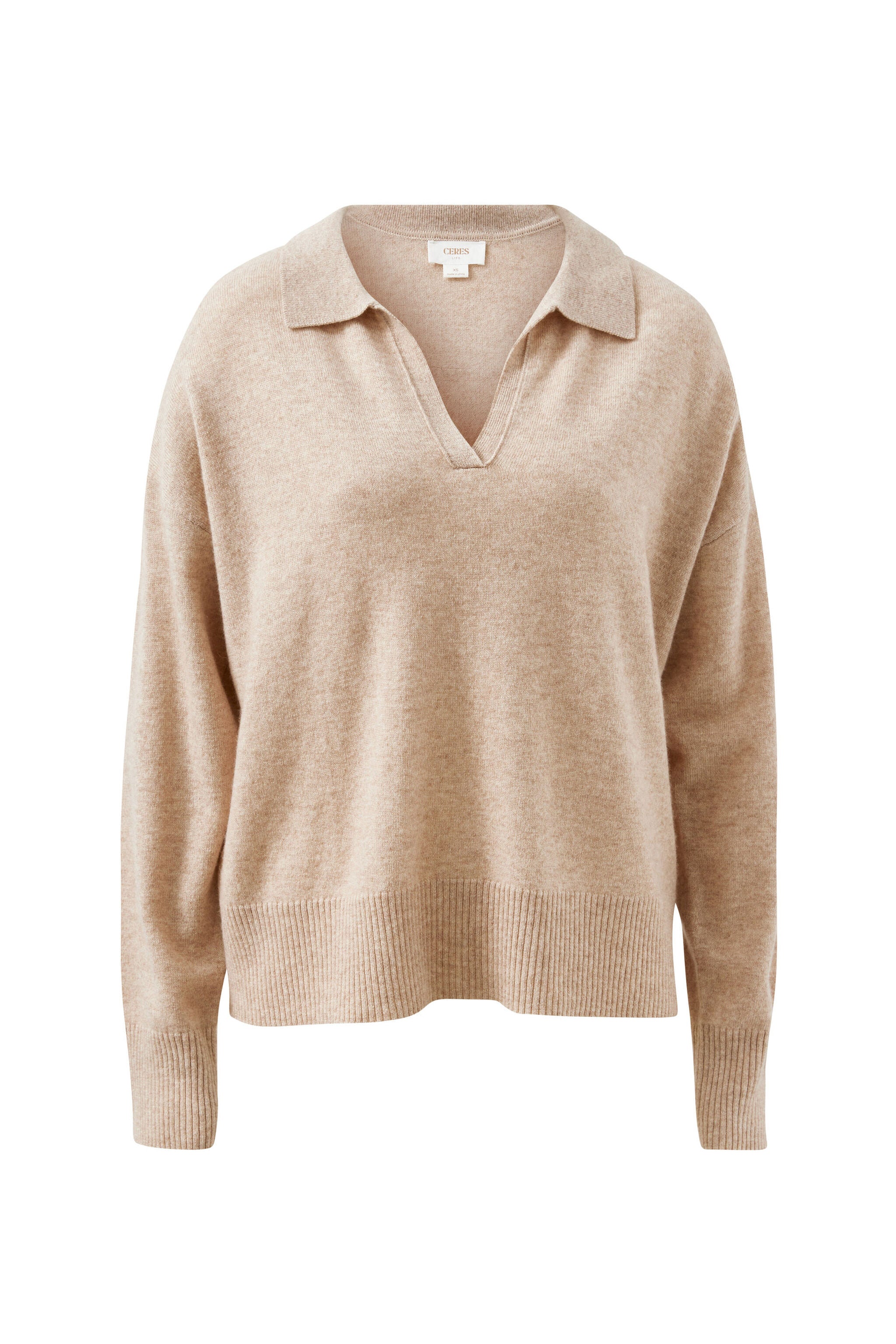 Front view of oat marle knit collared pullover showing V-neck collar and relaxed fit