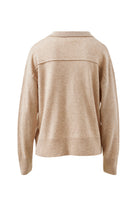 Back view of oat marle knit pullover showing collar detail and ribbed hem construction