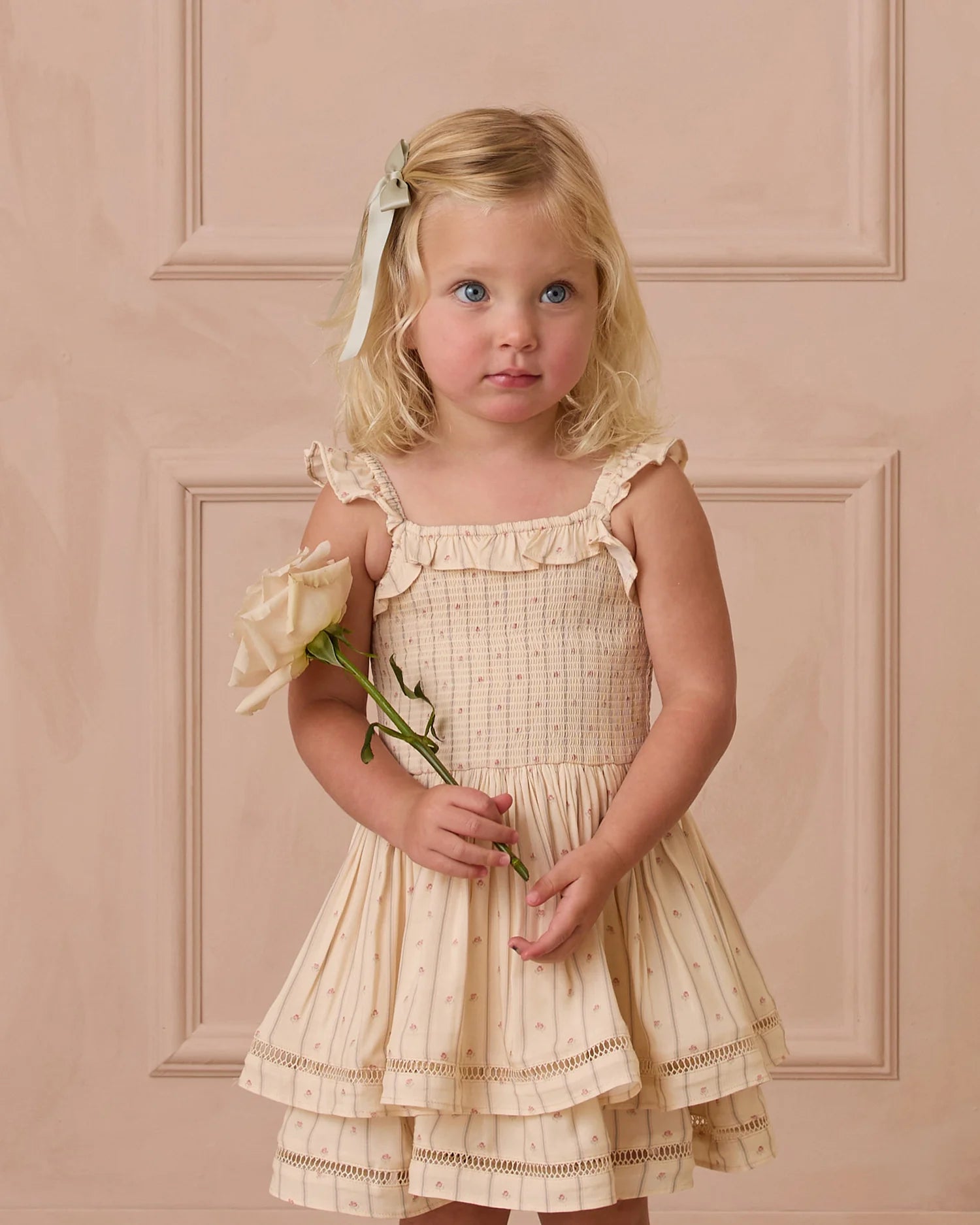 Girl wearing Birdie Dress Victorian Stripe by Noralee