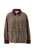 Flat lay of moss green Blair Barn Jacket showing snap button closure and corduroy collar detail