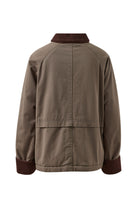 Back view of Blair Barn Jacket displaying corduroy collar and cuff trim in moss green