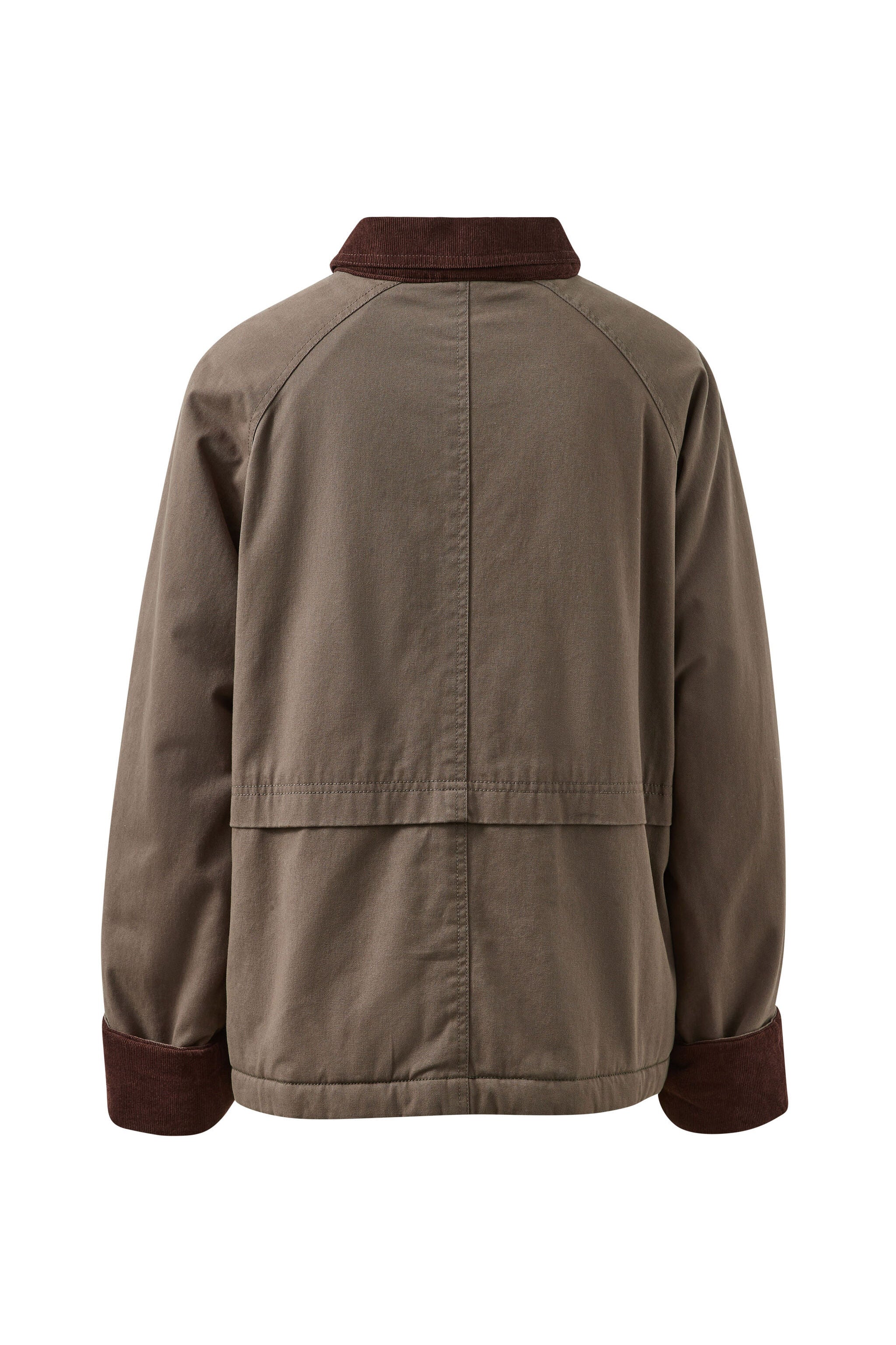 Back view of Blair Barn Jacket displaying corduroy collar and cuff trim in moss green