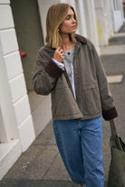 Woman walking in Blair Barn Jacket showing relaxed fit and corduroy collar styling