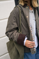 Close-up of Blair Barn Jacket snap buttons and checkered interior lining detail