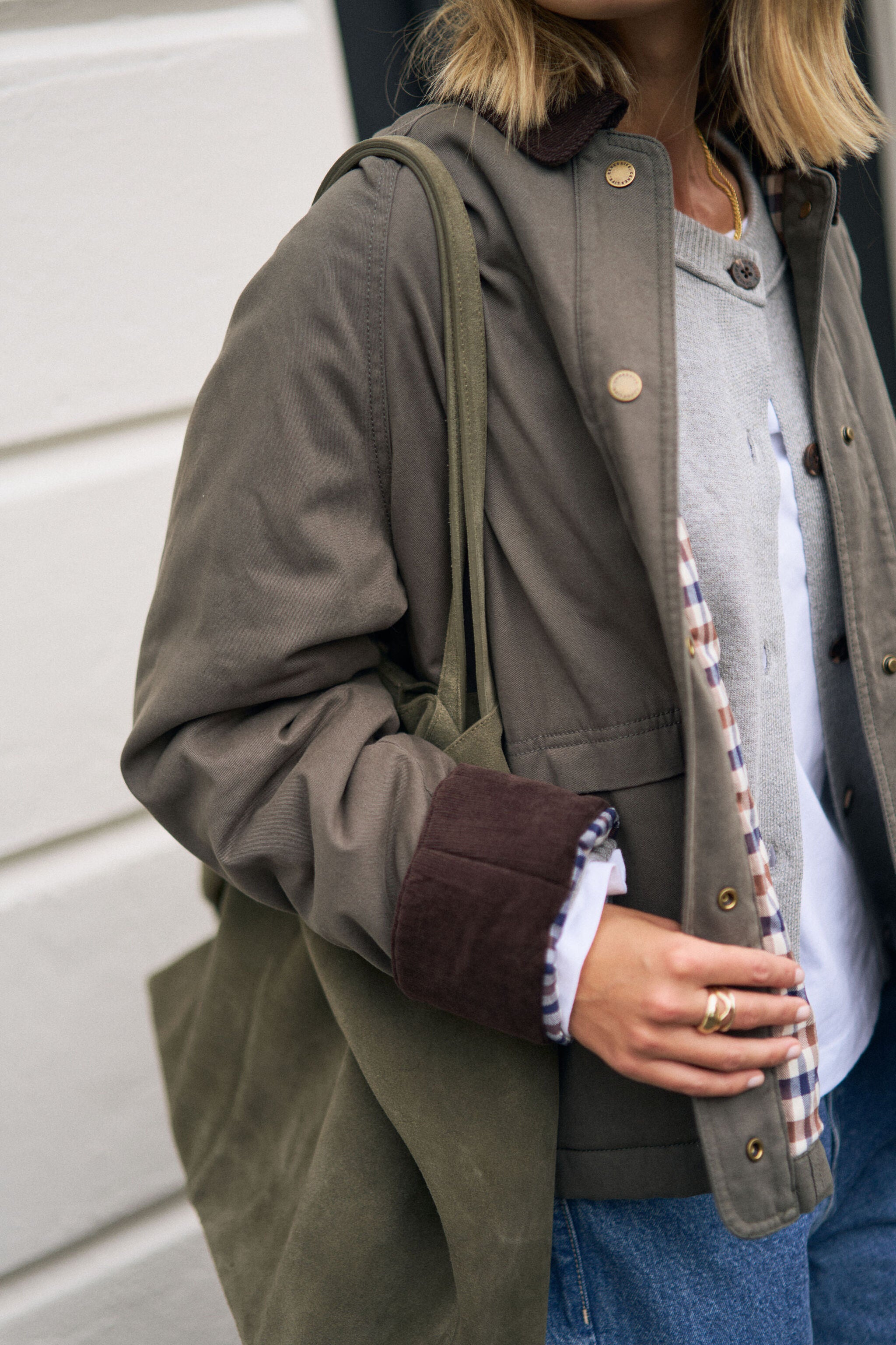 Close-up of Blair Barn Jacket snap buttons and checkered interior lining detail