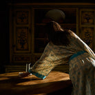 Bonny Cotton Robe in Turquoise — back view showing turquoise trim cuffs and floral check cotton fabric