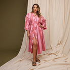Model wearing pink striped Brigitte Cotton Bath Robe - Scarlet by Sage & Clare