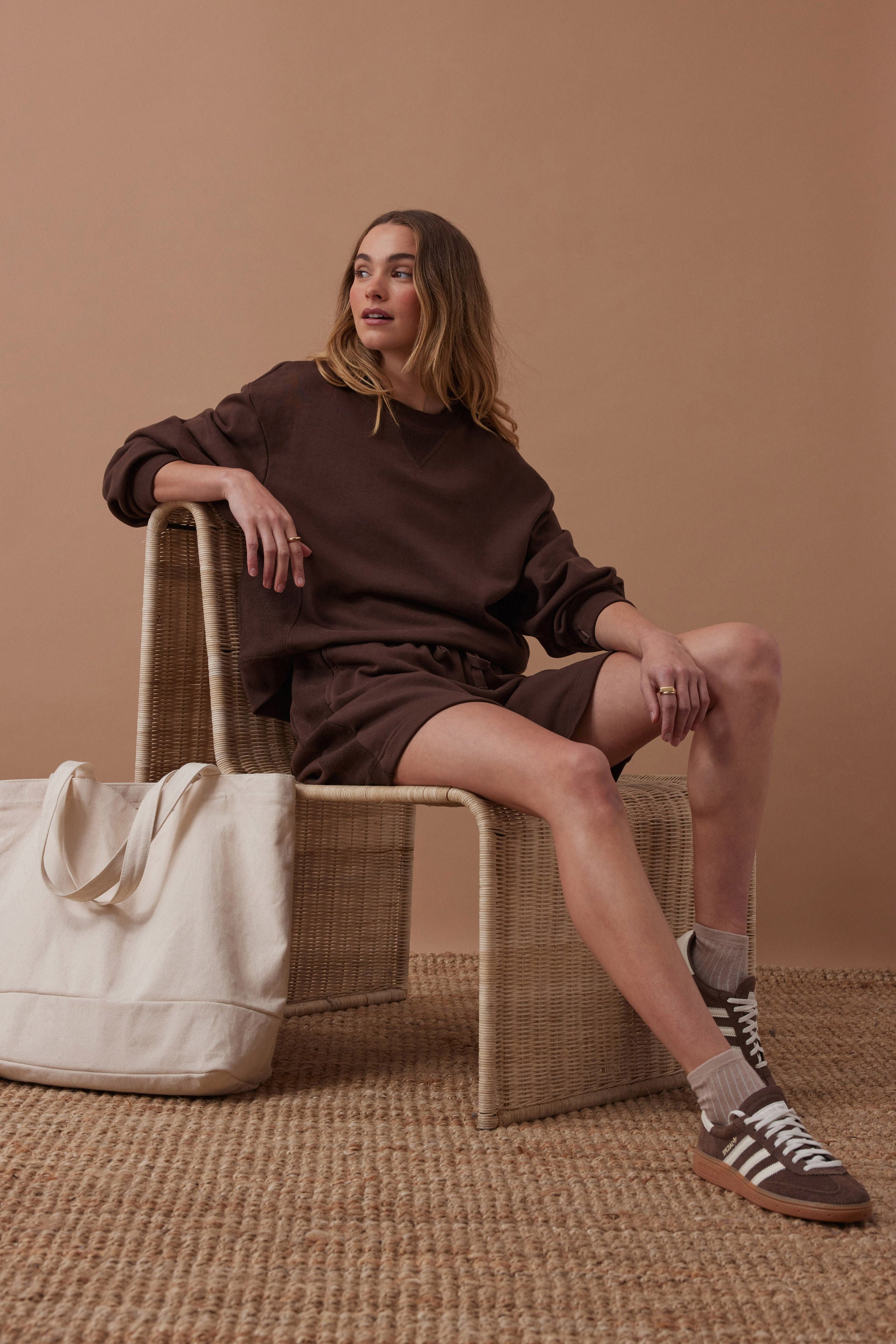 model wearing brown jumper - Ruby Reverse Panel Crew Chocolate Ceres Life