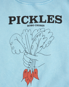 Close up of print and text on Bunch Of Vegetables Sweatshirt - Light Blue | Bobo Choses