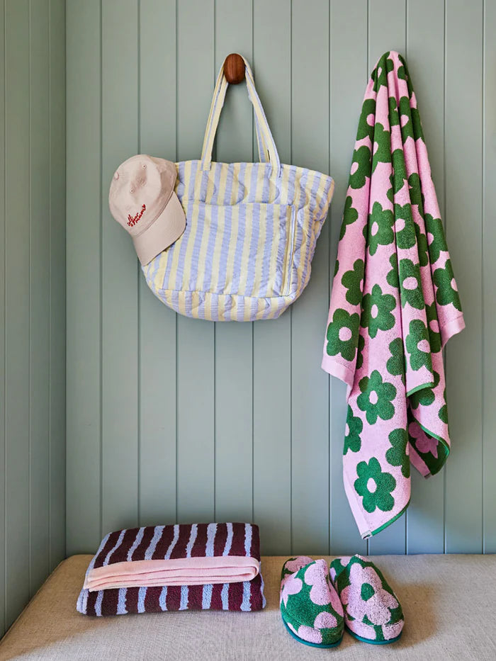  Butter Blue Seersucker Quilted Bag by Mosey Me hanging on a wall 