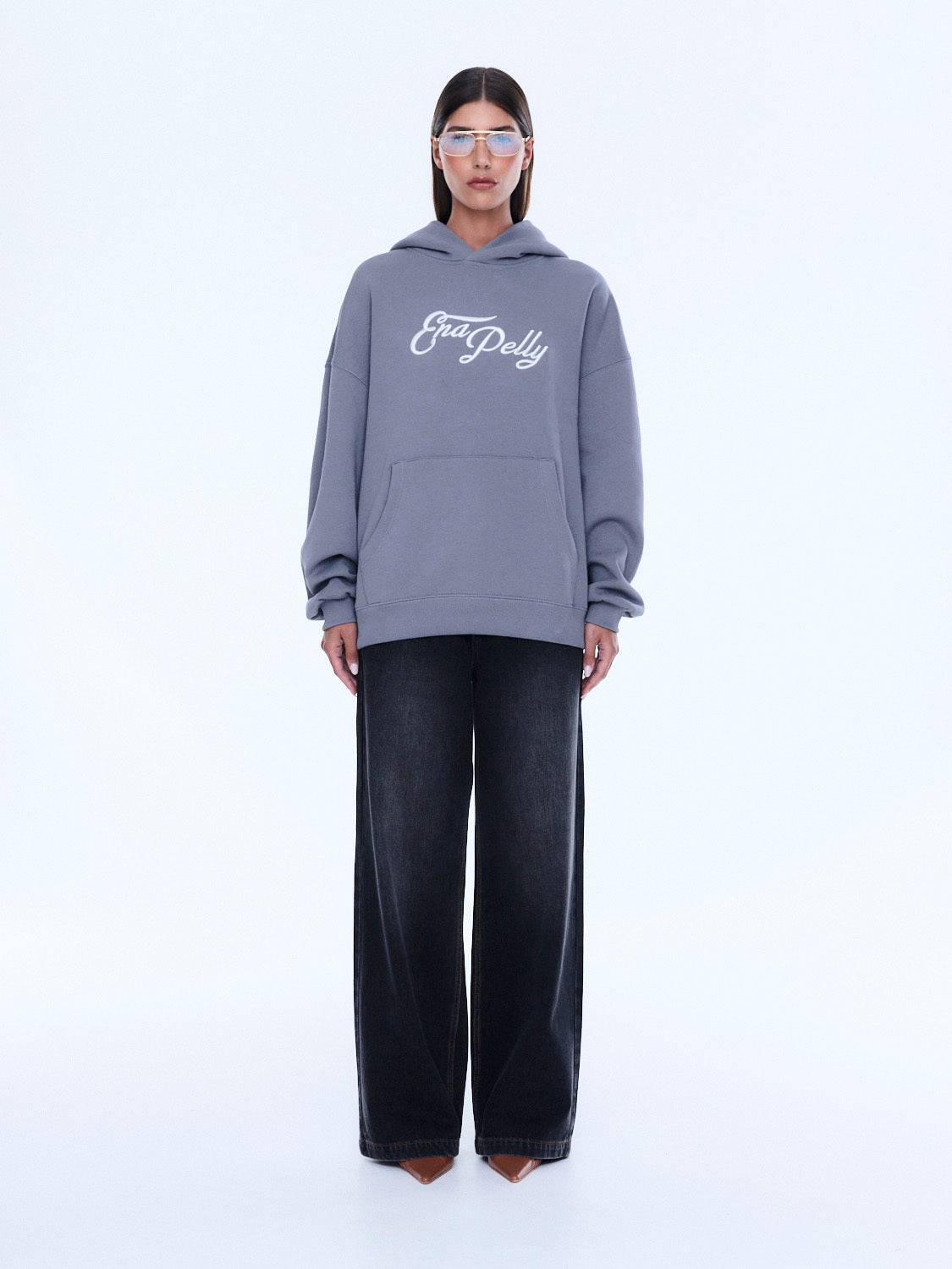 Full length view of Cassie Oversized Hoodie in gray showing relaxed oversized fit