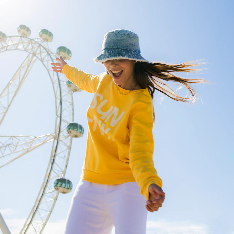 White sunny slogan sweater from Rachel Castle