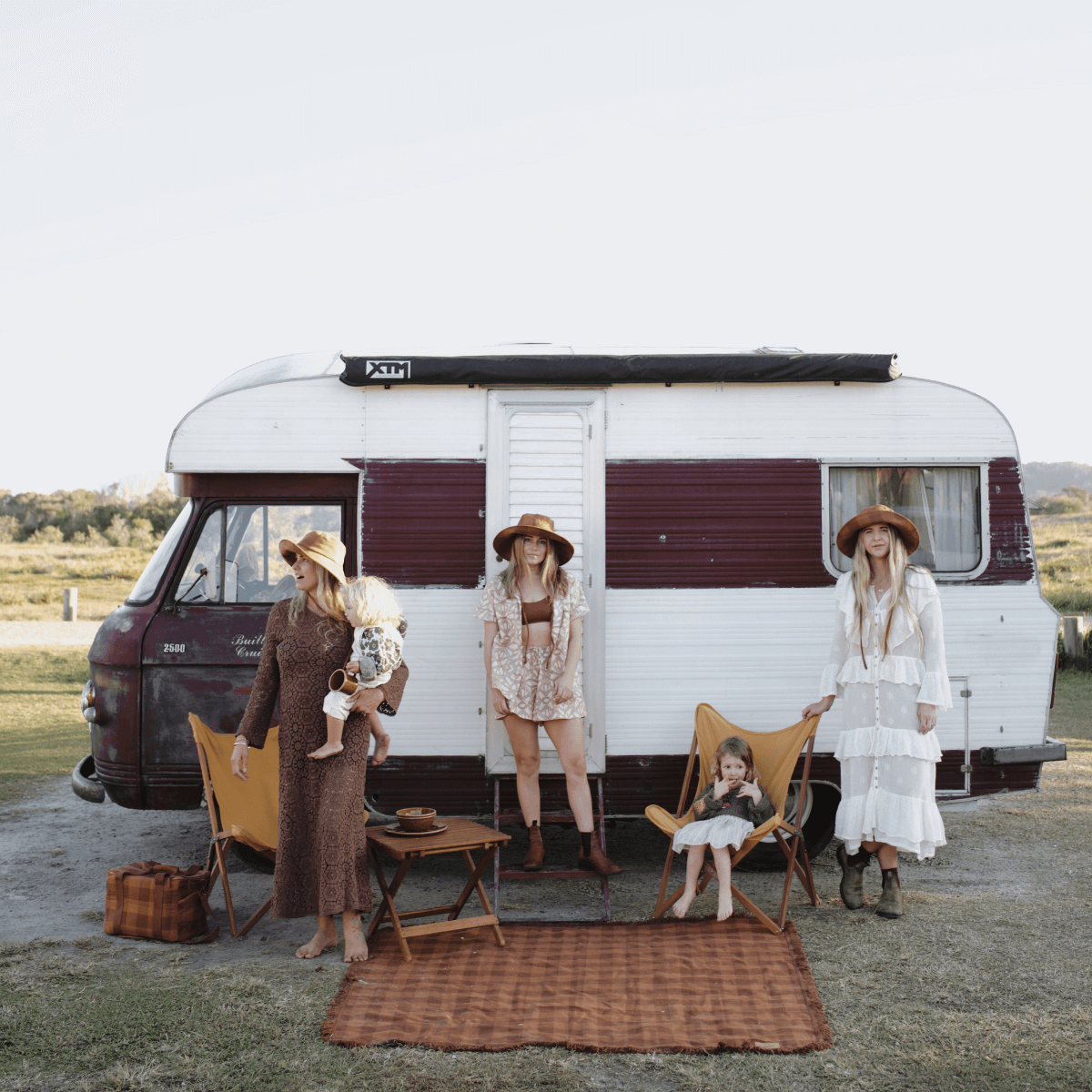 Camp Picnic Rug in camping scene with vintage caravan showing outdoor lifestyle use by Wandering Folk