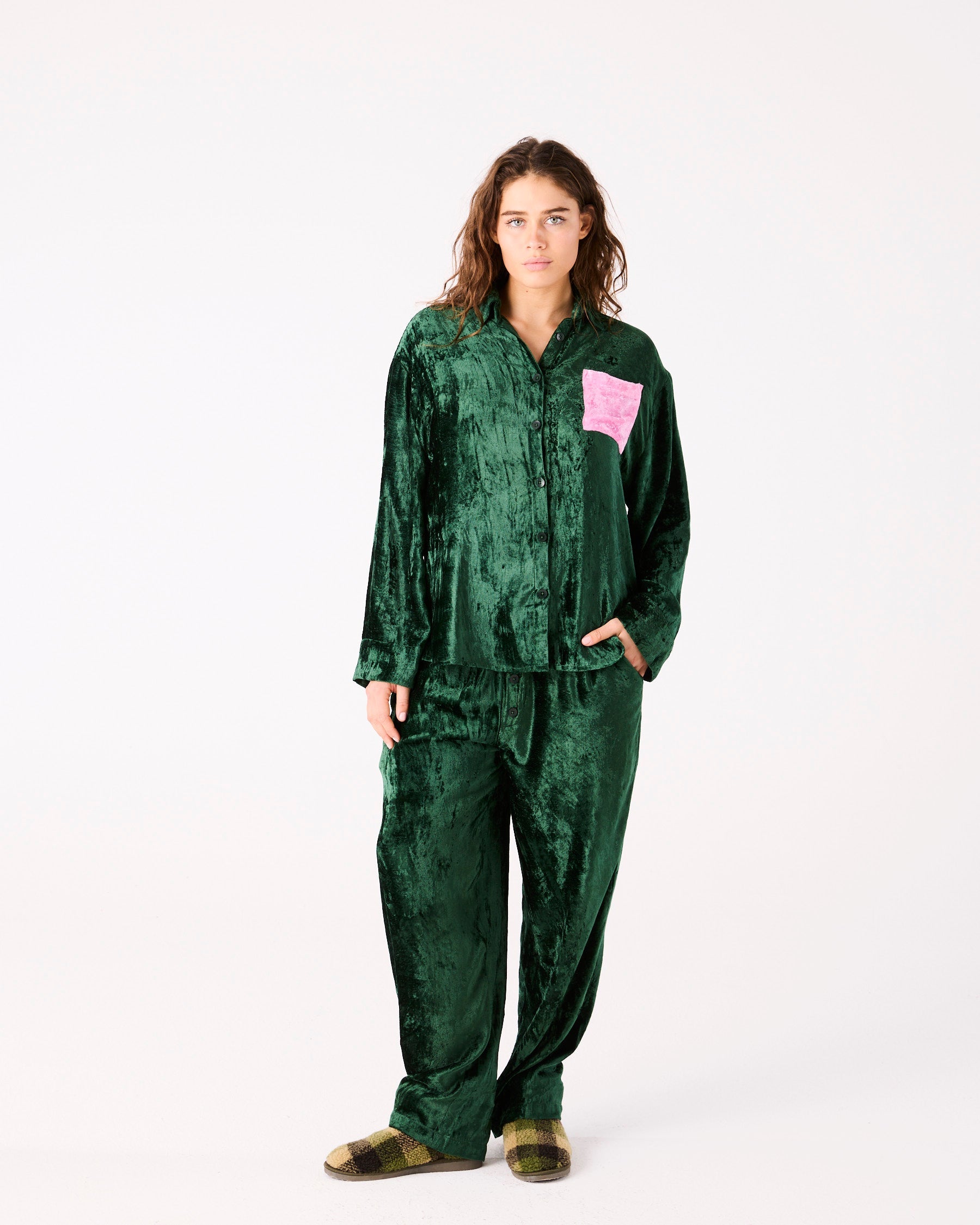 Front view of complete Candy Pine Adult Velvet Pyjama Set showing shirt and pant set by Kip Co